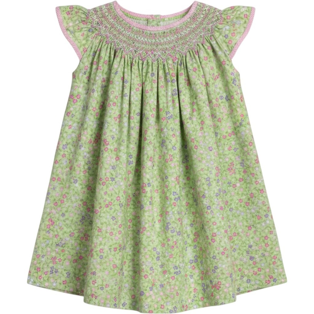 Green Floral Smocked Flutter Sleeve Dress Pink Gingham Trim handmade